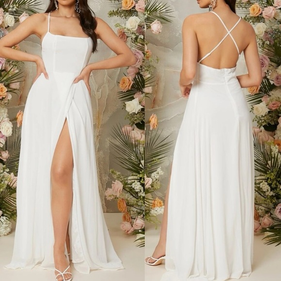 Luxe dusty blue crisscross back slit thigh party bridesmaids formal maxi dress - Picture 5 of 16